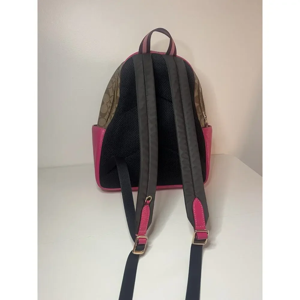 Coach Court Backpack In Signature Canvas With Bold Pink Refined Pebble Leather
